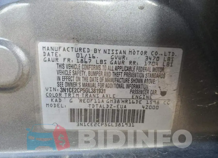 3N1CE2CP5GL381931 Photo# 12