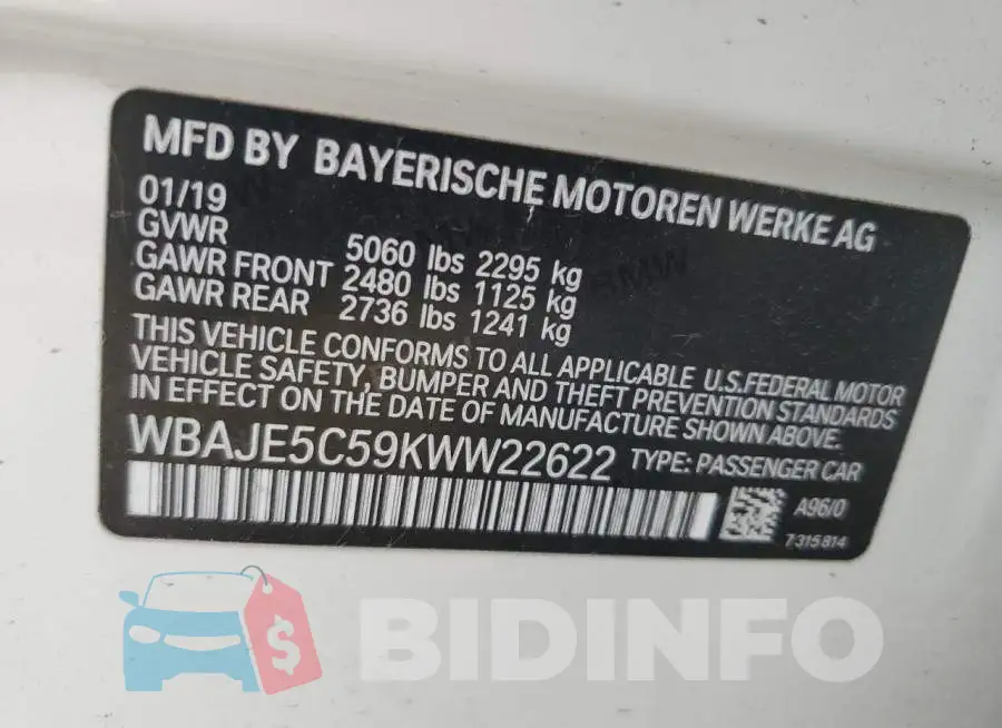 WBAJE5C59KWW22622 Photo# 12
