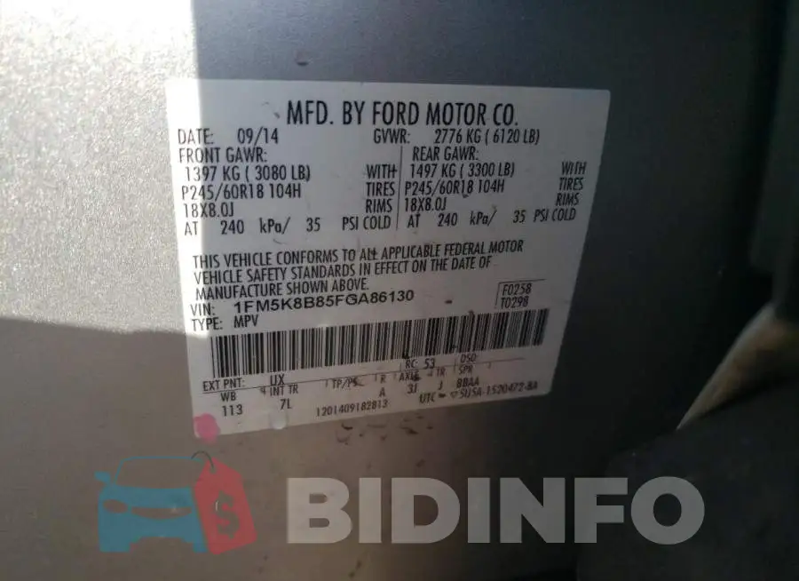 1FM5K8B85FGA86130 Photo# 14