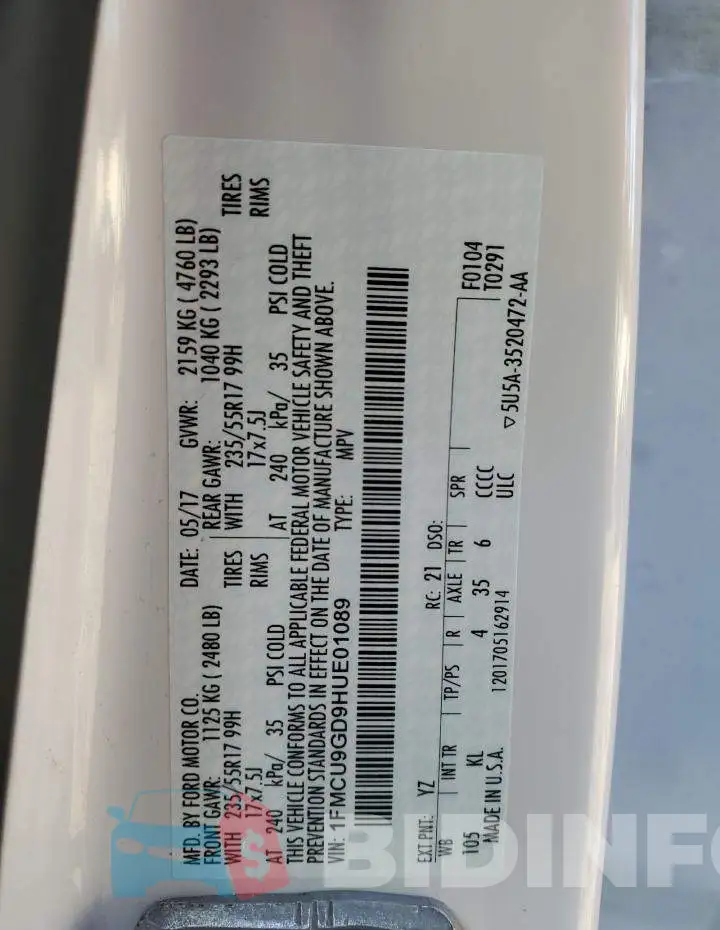 1FMCU9GD9HUE01089 Photo# 12