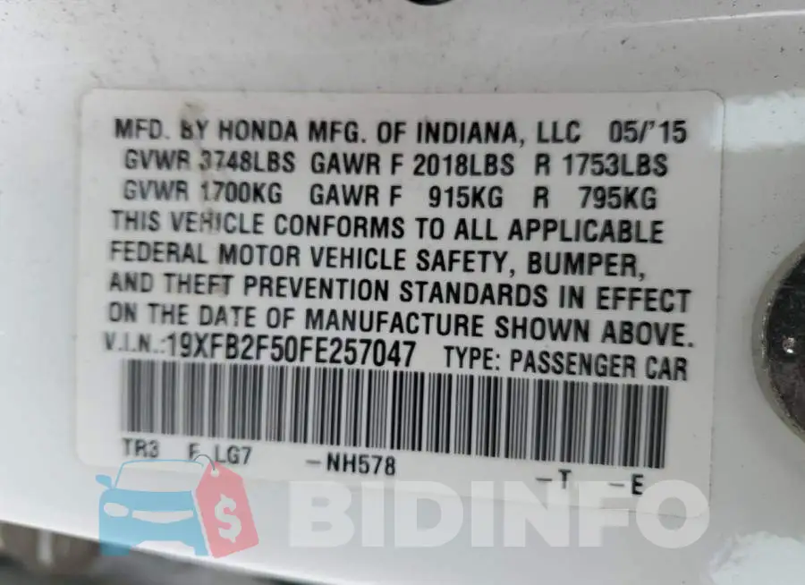 19XFB2F50FE257047 Photo# 12