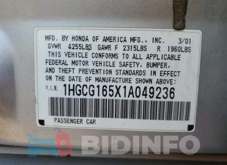 1HGCG165X1A049236 Photo# 12