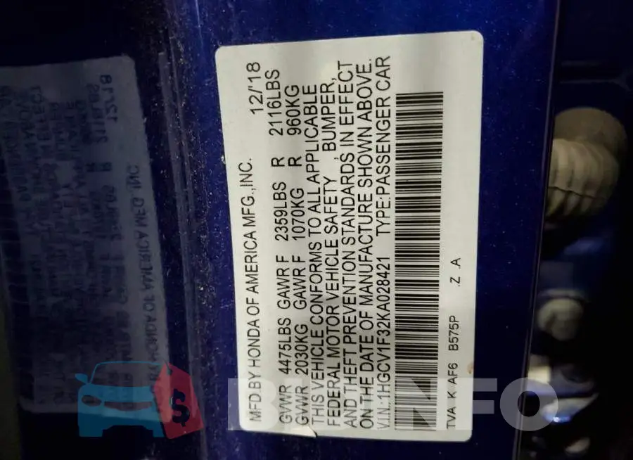 1HGCV1F32KA028421 Photo# 12