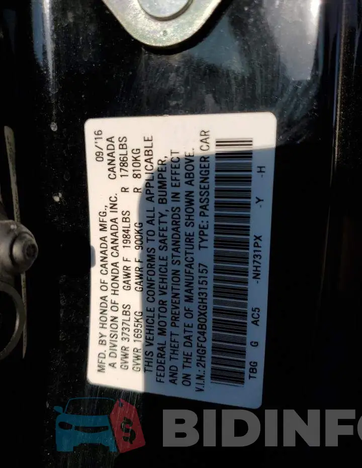 2HGFC4B0XGH315157 Photo# 12