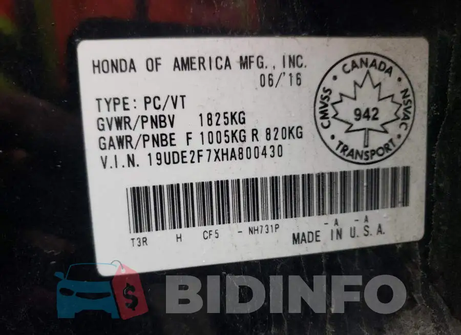 19UDE2F7XHA800430 Photo# 12