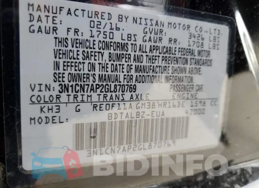3N1CN7AP2GL870769 Photo# 13
