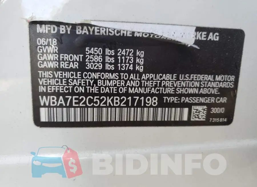 WBA7E2C52KB217198 Photo# 13