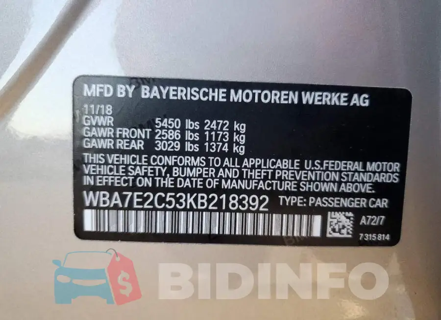 WBA7E2C53KB218392 Photo# 12