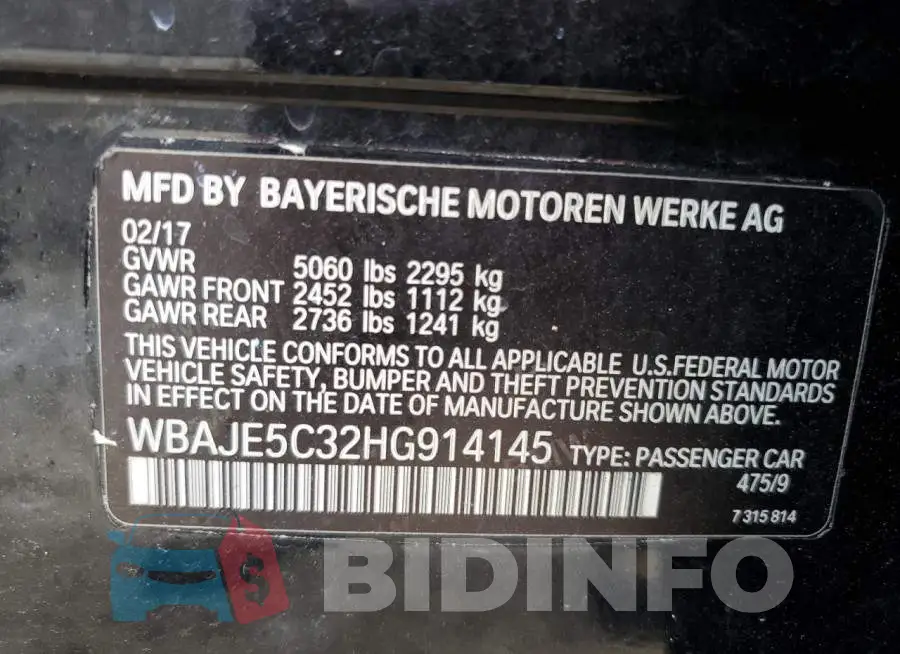 WBAJE5C32HG914145 Photo# 12