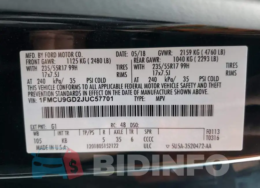 1FMCU9GD2JUC57701 Photo# 13