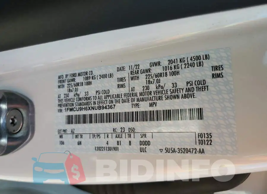1FMCU9H6XNUB94367 Photo# 12