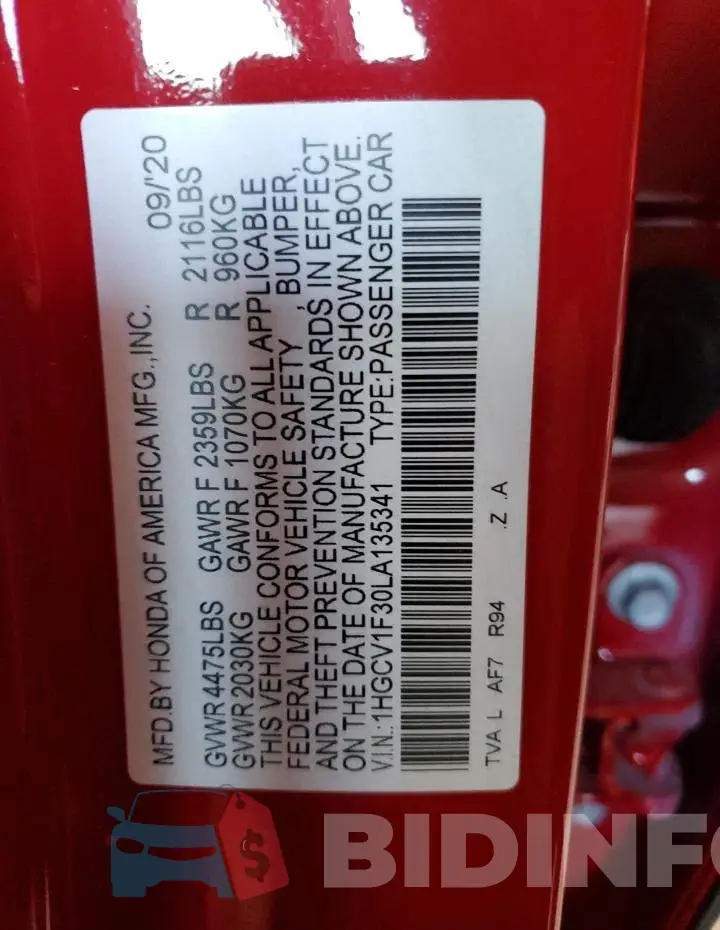 1HGCV1F30LA135341 Photo# 12