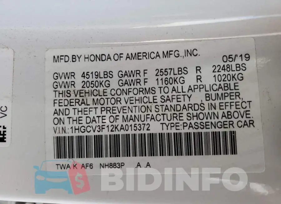 1HGCV3F12KA015372 Photo# 13