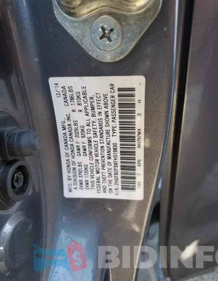 2HGFB2F9XFH519830 Photo# 12