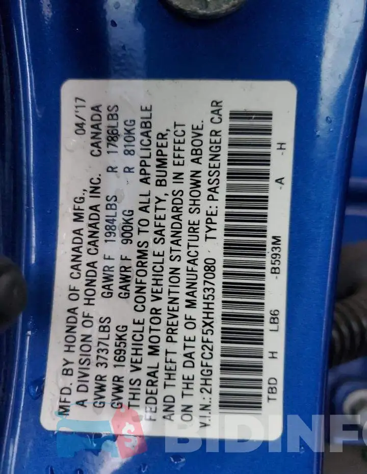 2HGFC2F5XHH537080 Photo# 12