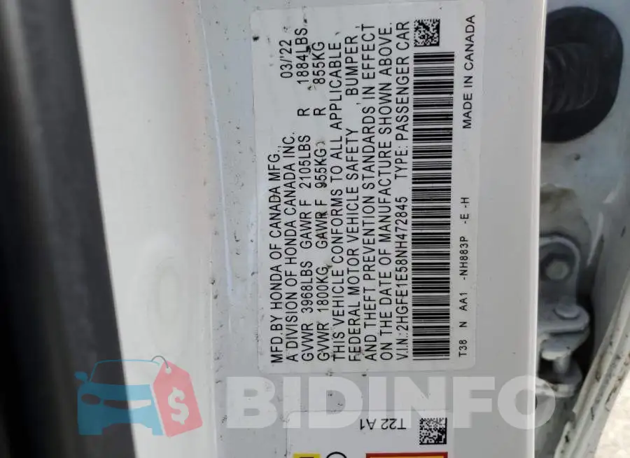 2HGFE1E58NH472845 Photo# 13