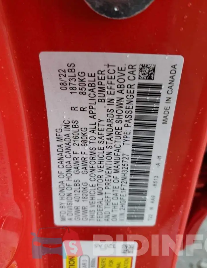 2HGFE1F72NH325727 Photo# 12