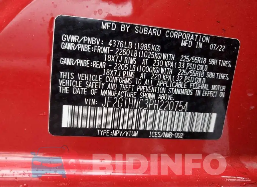 JF2GTHNC3PH220754 Photo# 12