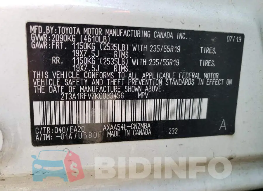 2T3A1RFV7KC033456 Photo# 14