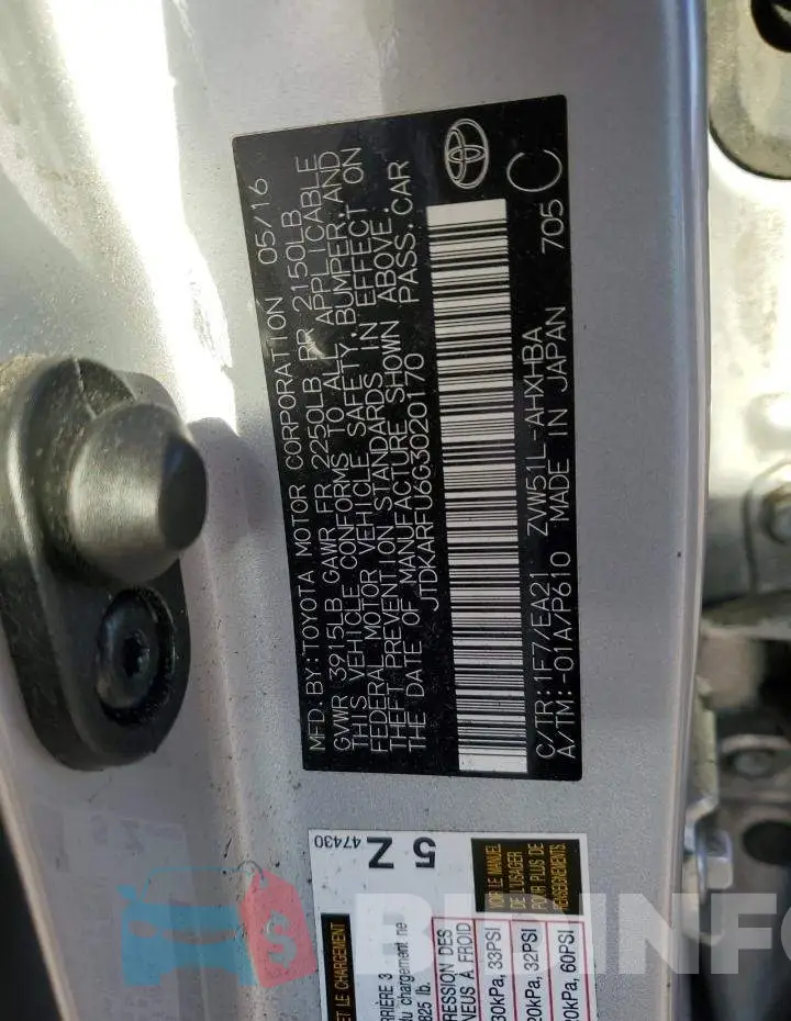 JTDKARFU6G3020170 Photo# 12