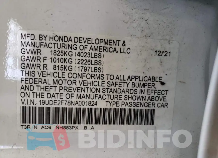 19UDE2F78NA001824 Photo# 12