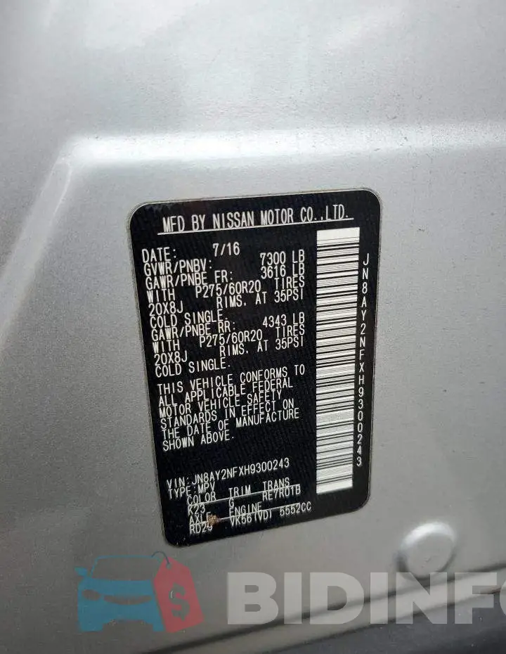 JN8AY2NFXH9300243 Photo# 14