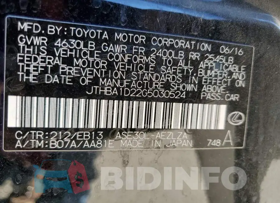 JTHBA1D22G5030524 Photo# 12