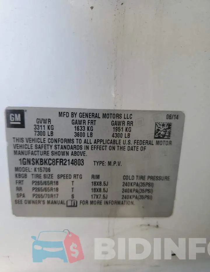 1GNSKBKC8FR214803 Photo# 13