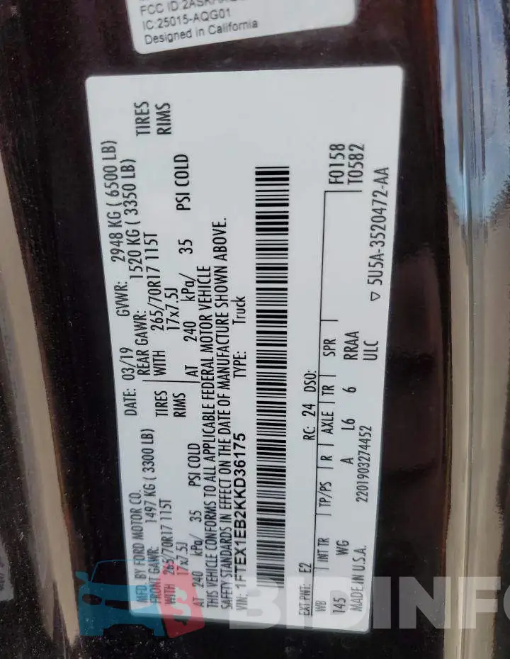 1FTEX1EB2KKD36175 Photo# 12