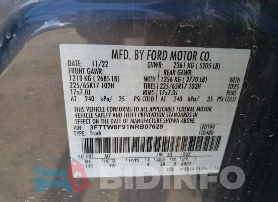 3FTTW8F91NRB07629 Photo# 12