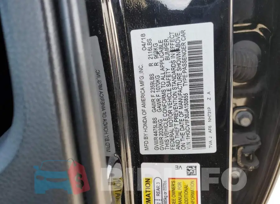 1HGCV1F30JA150855 Photo# 13