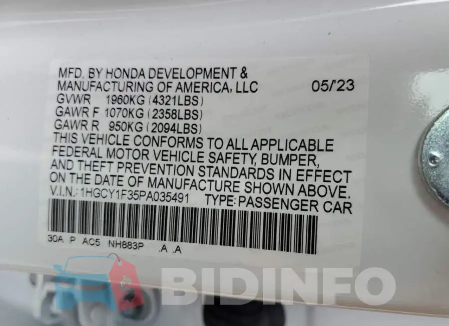 1HGCY1F35PA035491 Photo# 13