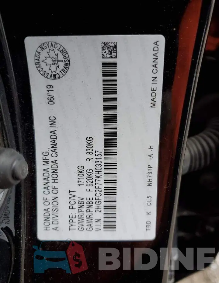 2HGFC2F77KH033157 Photo# 12