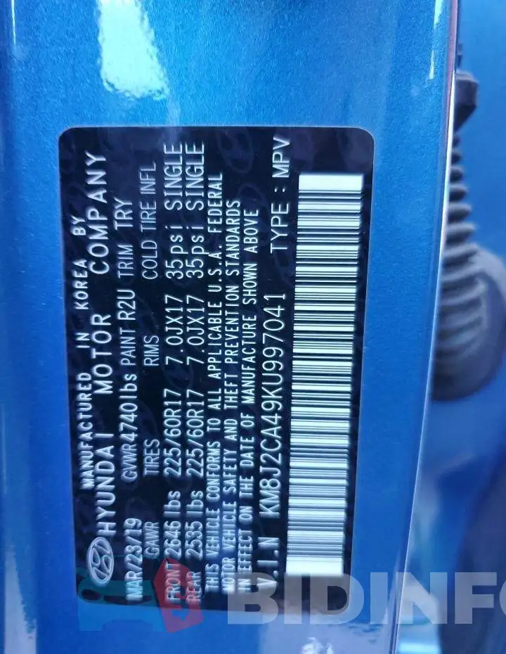 KM8J2CA49KU997041 Photo# 12