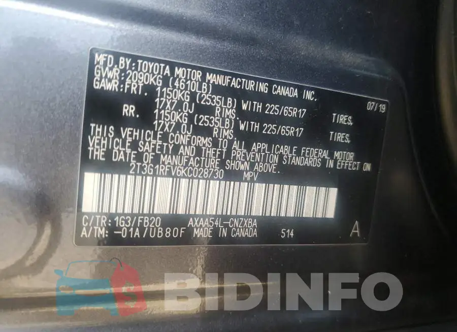 2T3G1RFV6KC028730 Photo# 12