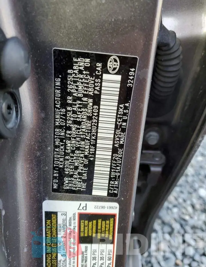4T1BF1FK3HU292409 Photo# 12