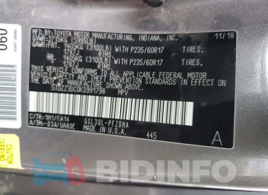 5TDZZ3DC0KS991798 Photo# 13
