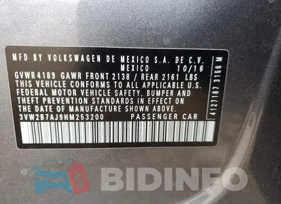 3VW2B7AJ9HM253200 Photo# 12