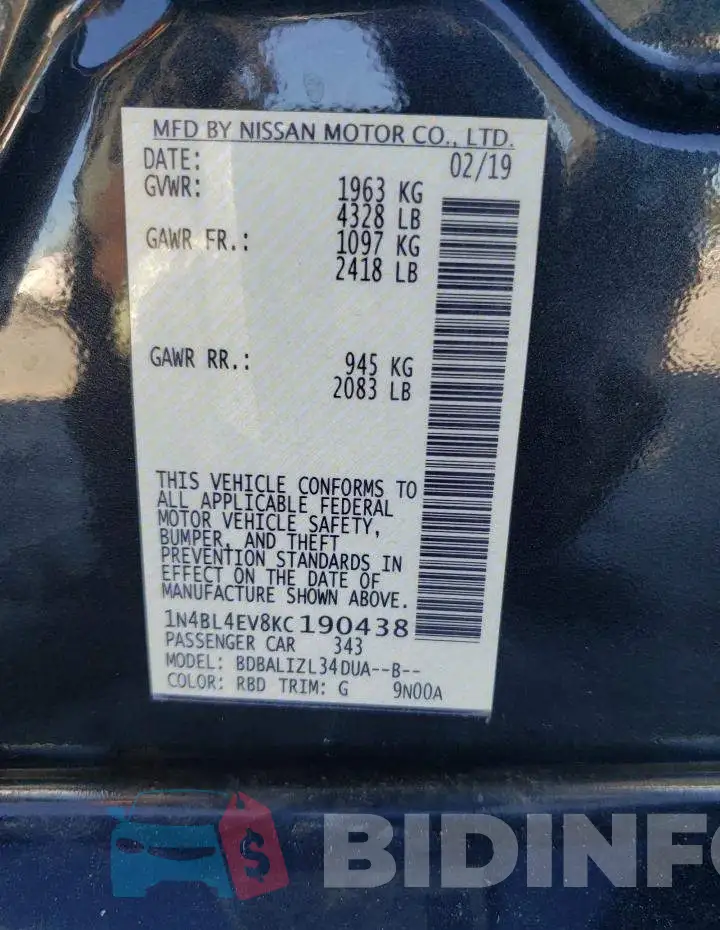 1N4BL4EV8KC190438 Photo# 12