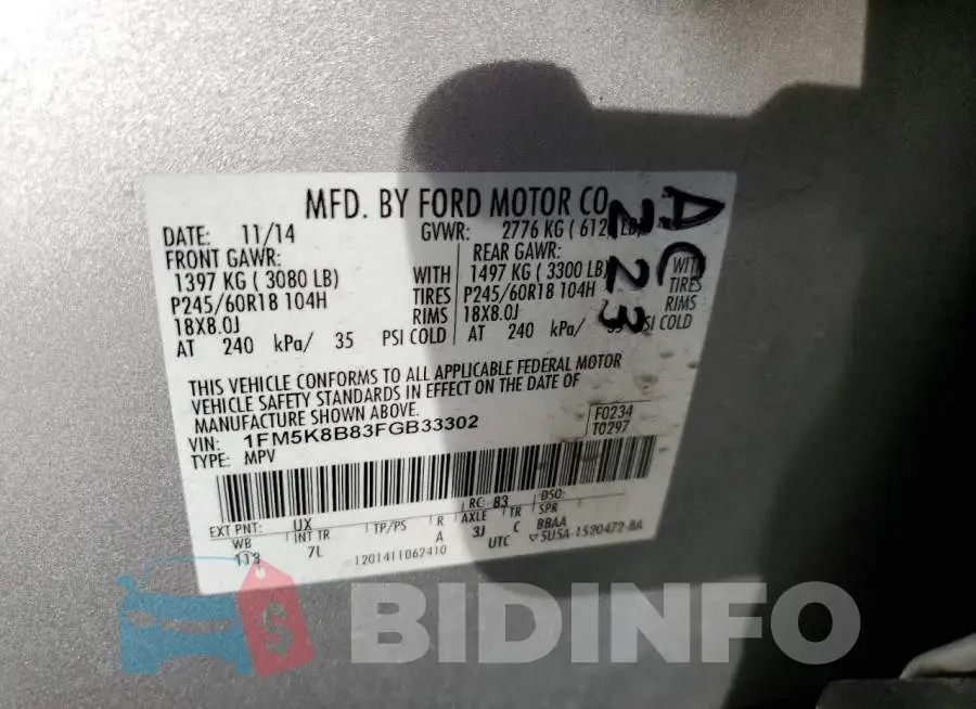 1FM5K8B83FGB33302 Photo# 14