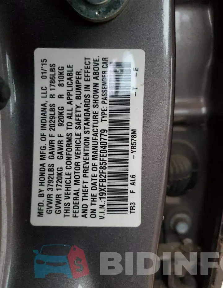 19XFB2F85FE040779 Photo# 12