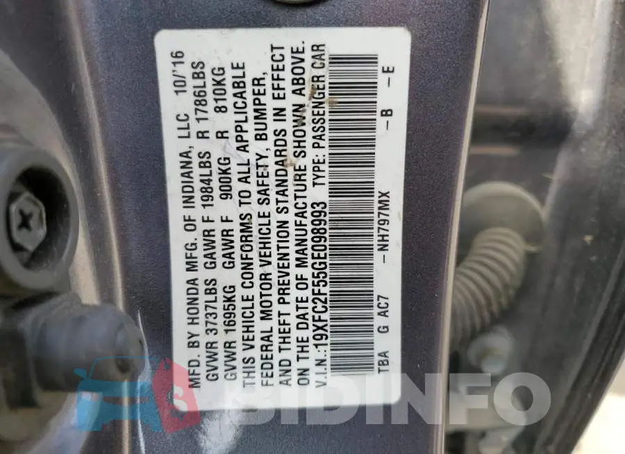 19XFC2F55GE098993 Photo# 12
