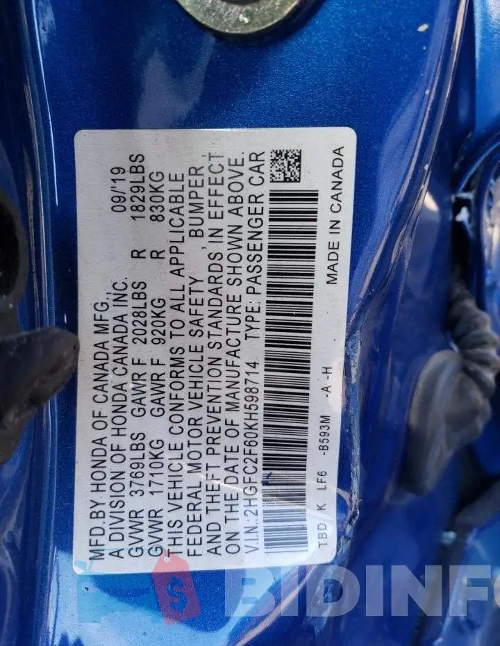 2HGFC2F60KH598714 Photo# 12