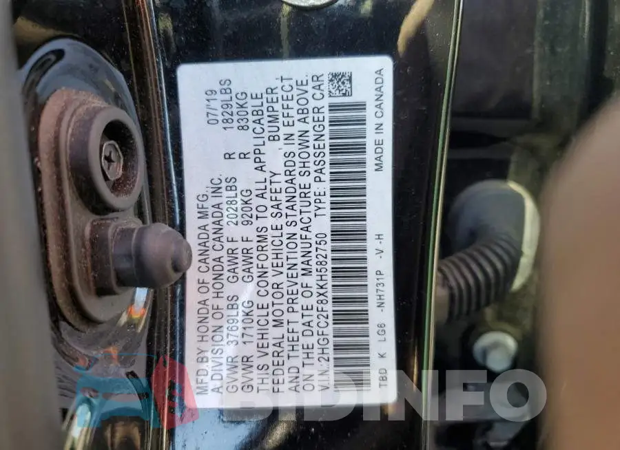 2HGFC2F8XKH582750 Photo# 12