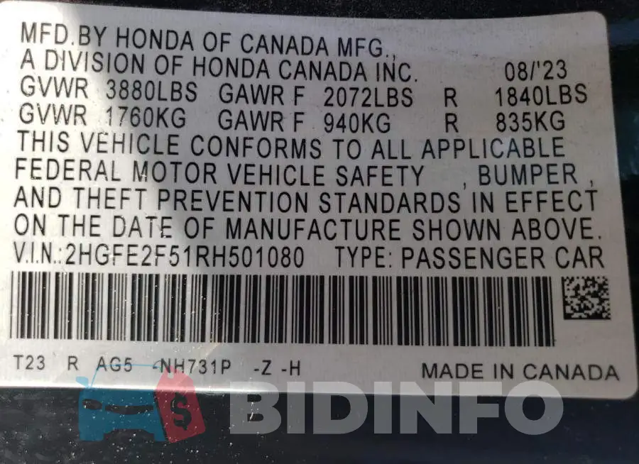 2HGFE2F51RH501080 Photo# 12