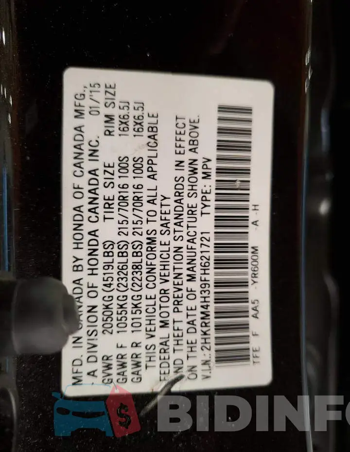 2HKRM4H39FH621721 Photo# 13