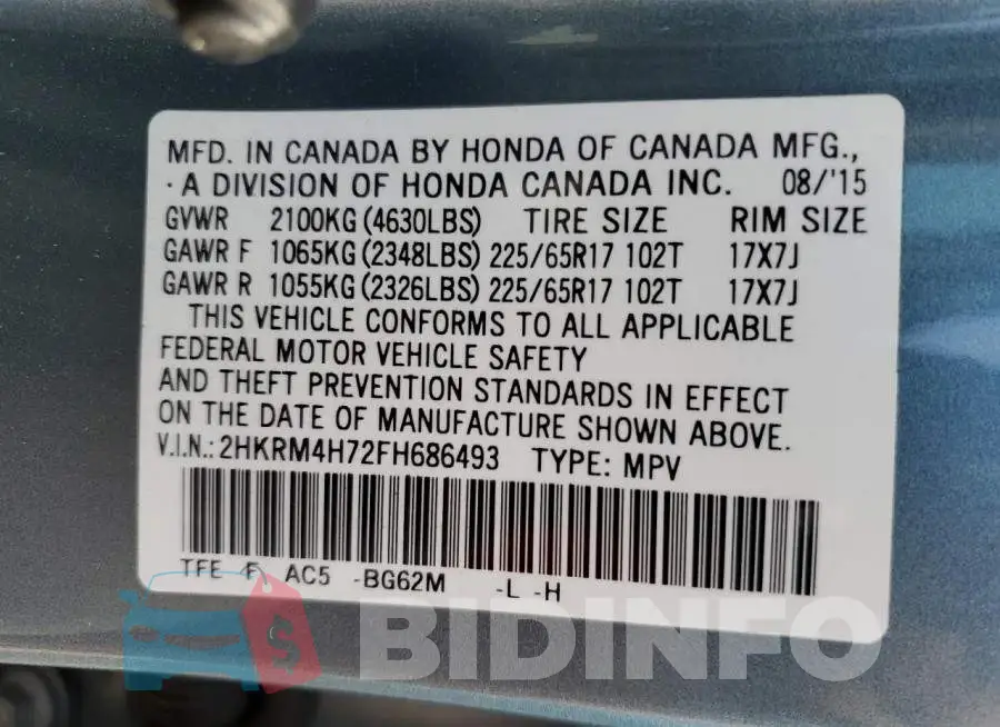 2HKRM4H72FH686493 Photo# 13