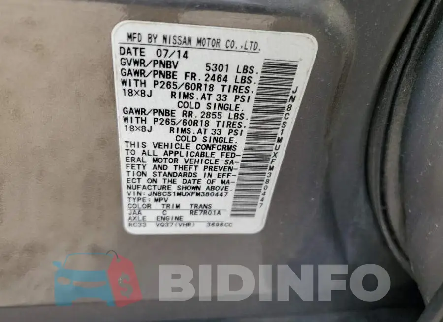 JN8CS1MUXFM380447 Photo# 13