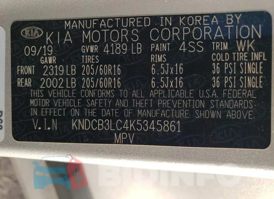 KNDCB3LC4K5345861 Photo# 14
