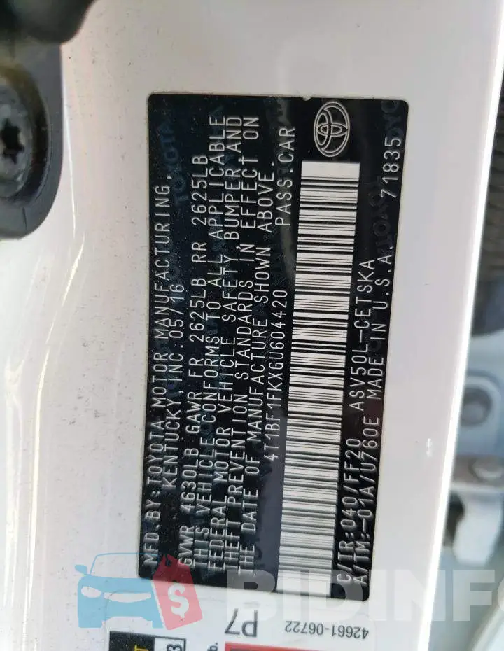 4T1BF1FKXGU604420 Photo# 12
